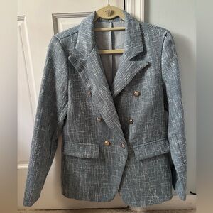 SHEIN Textured Oversized Blue Blazer with Gold Buttons